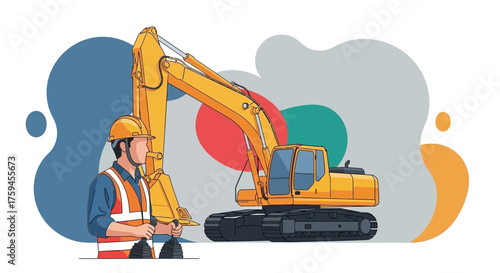 Construction worker operating a yellow excavator representing industry development and heavy machinery