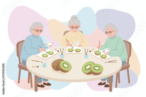 Three happy grandmothers enjoy painting kiwi fruit slices together promoting creative hobbies and elder care
