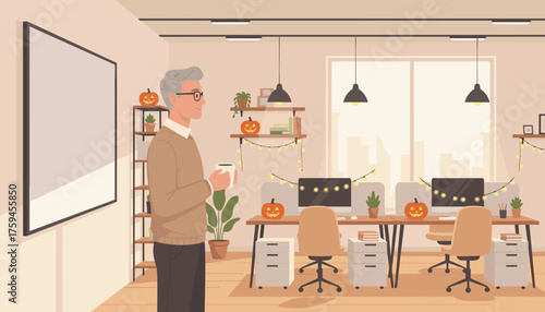 Senior man enjoying a coffee break in a festive Halloweendecorated modern office
