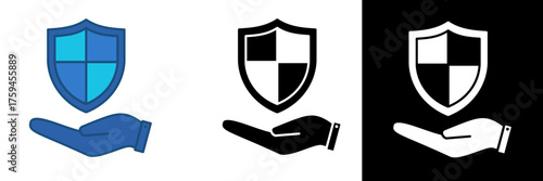 Flat vector illustration of a hand holding a shield, available in blue, black, and white versions. Depicts care, security, protection, and trust. Great for insurance companies, tech support, etc.
