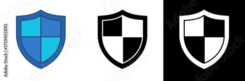 Free Download Shield icon vector set showing three color variations — blue, black, and white. Symbolizes protection, antivirus, and defense. Suitable for technology branding, secure network systems, etc. - GFXLoad