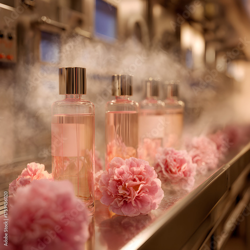 Fototapeta Naklejka Na Ścianę i Meble -  Luxury floral perfume bottles with pink peonies in production line and soft mist