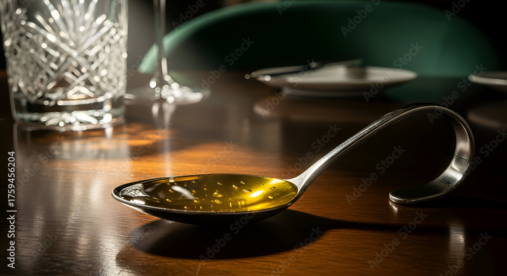 Obraz premium Elegant Spoon Holding A Golden Liquid Gracefully Placed On A Wooden Surface