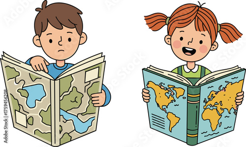 Happy boy and girl reading maps and geography books, learning about world continents, education, exploration, global study, travel knowledge, cartoon illustration