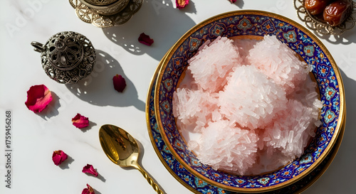 Elegant still life featuring rose petals, traditional sweet dessert, and oriental decor