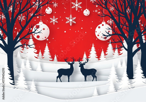 christmas card with deer and tree. christmas card with reindeer. Christmas background. Winter landscape with deer. White fairy forest. Christmas landscape paper cut style.