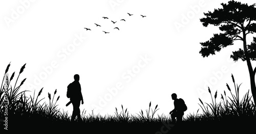 Hiking scene in nature with two people, trees, and flying birds, outdoor adventure landscape silhouette, cad drawing flat vector illustration