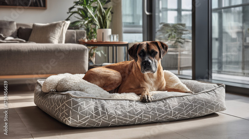 Elegant geometric patterned dog bed, covered with soft fur, in a modern living room setting, sunlight shines through the large windows on the dog, creating a cozy atmosphere.