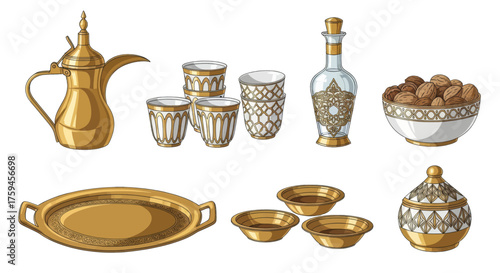 Traditional Middle Eastern coffee pot, cups, tray, and serving bowls, cultural hospitality items