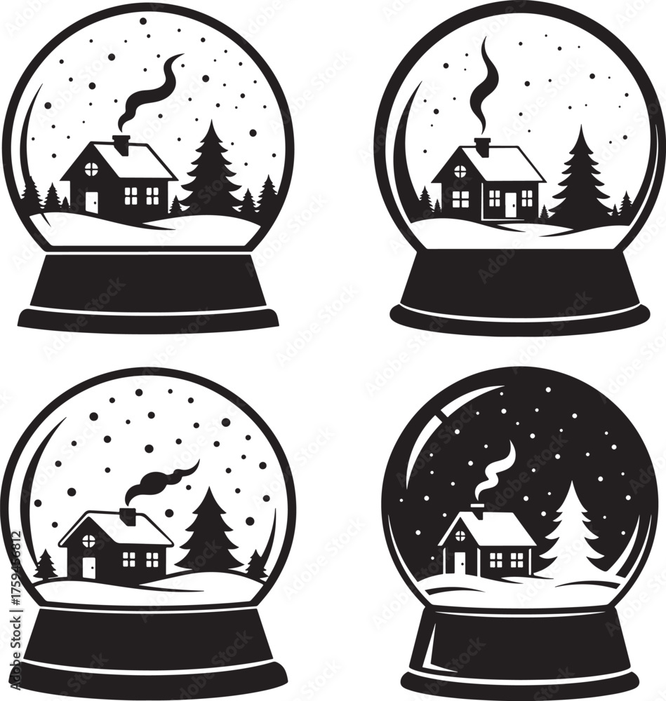 Fototapeta premium Four vintage christmas snow globe scenes silhouette