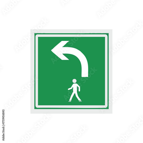 A green and white pedestrian sign indicating a required left turn for foot traffic, guiding people on their path with clarity.