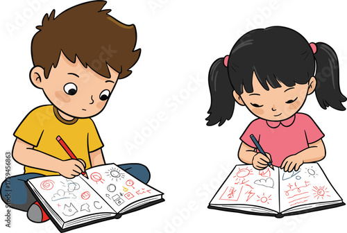 Happy kids drawing creative doodles in notebooks, childhood learning activity, art education, imagination development, children drawing and coloring illustration
