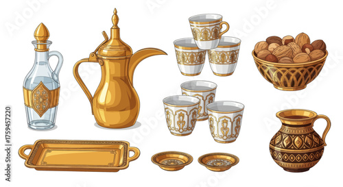 Authentic Middle Eastern Coffee Set Dallah, Cups, Dates, and Tray
