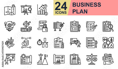 Business Plan Icons set vector illustration. Containing Market Research, Business Model, Profit Target, Financial Statement, Financial Plan and more. Simple line icons collection.