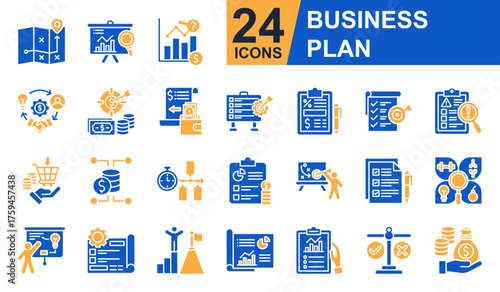 Business Plan Icons set vector illustration. Containing Market Research, Business Model, Profit Target, Financial Statement, Financial Plan and more. Simple solid icons collection.