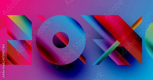 Vibrant text design. Letters overlap, creating colorful gradients. Modern aesthetic, bold typography, dynamic composition. Pink, blue, red hues dominate.