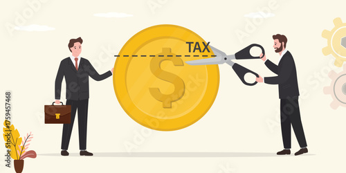 Tax deduction or reduction concept, unhappy businessman holds money, salary, metaphor for paying taxes. Banker or Official uses scissors and cut part of golden coin