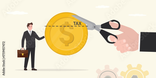 Tax deduction or reduction concept, businessman holding money, salary, metaphor for paying taxes. Giant hand uses scissors and cut part of golden coin. Local or state taxes