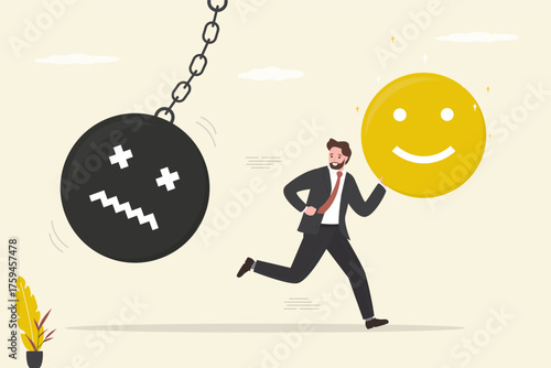 Overcoming stress, anxiety, uncertainty or worried about work, businessman with good mood run away from negative emotion. Stop emotional problems. Positive thinking