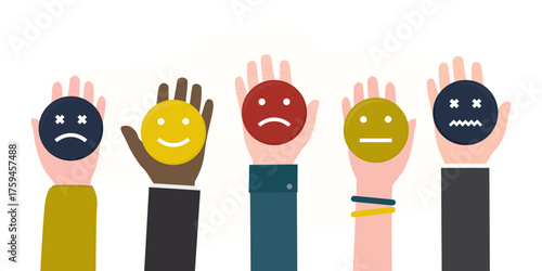 People hands holding emoji icons to express their feelings. Symbolic votes. Positive and negative emotions. Review, testimonials. Colorful emotional feedback