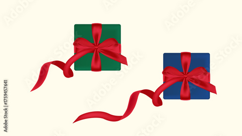 Set of holiday present blue and green with red bow. Gift box for use in card of women day, birthday, Christmas. Top vie, vector