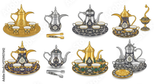 Traditional Arabian coffee pots with cups and tongs collection illustration