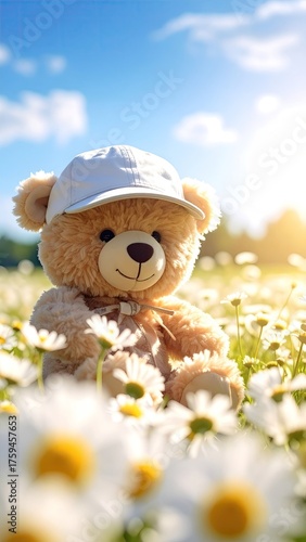 Adorable Teddy Bear in Daisy Field