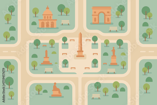 Streets vector wide trees tourist simplified city square monuments minimalist illustration map