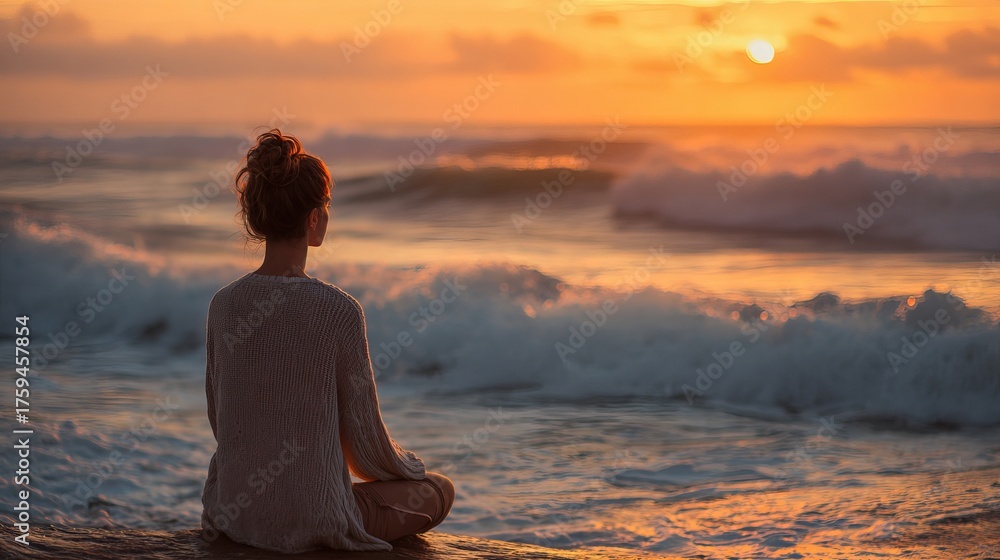 Fototapeta premium A young woman with brunette hair watches the sunset over the ocean, creating a serene and reflective mood.