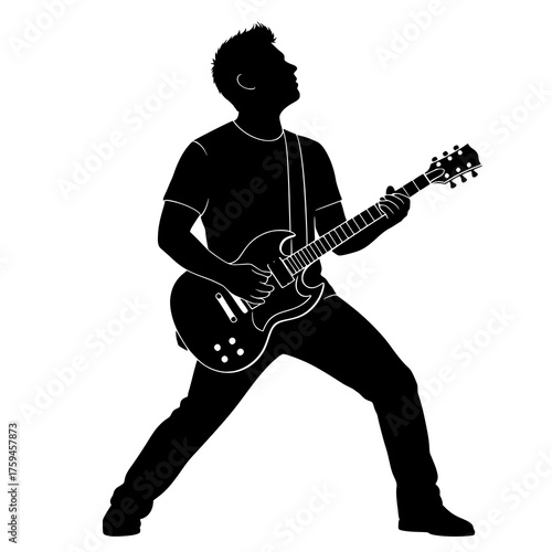 A black silhouette of a guitarist playing guitar. Perfect for music, concert, rock band, performance, and entertainment themed designs, posters, digital artwork, and print projects.