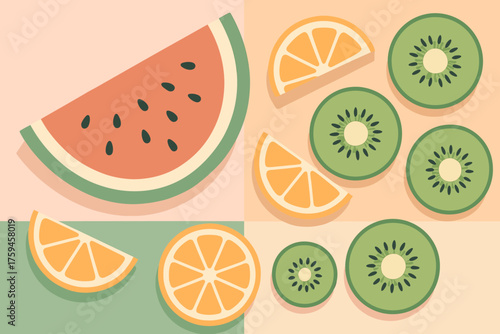 Rounds illustration minimalist watermelon fruit wedges pattern orange vector arranged kiwi pastel