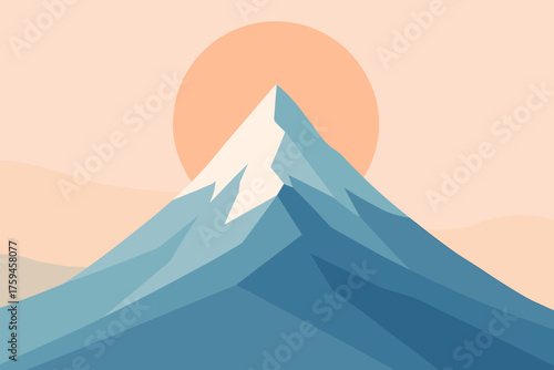 Peak minimal behind flat layers shading sun geometric mountain vector illustration