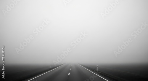 A lonely road disappears into thick fog, creating a mysterious and atmospheric scene with limited visibility and a sense of isolation