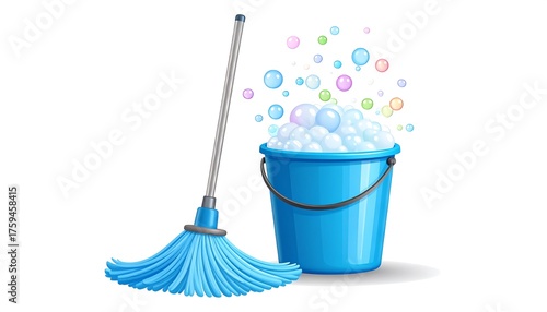 Cartoon illustration of cleaning tools mop and bucket with soapy bubbles