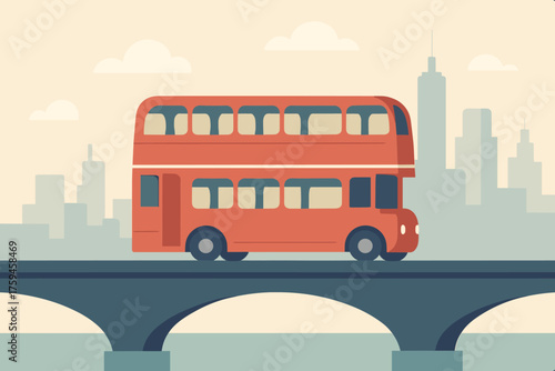 Double crossing skyline stylized decker flat simple vector bus background bridge illustration