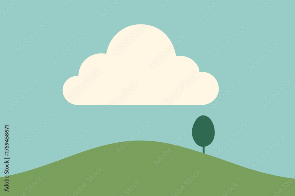 Fototapeta premium Vector minimalist silhouette floating above green flat small landscape cloud hill illustration