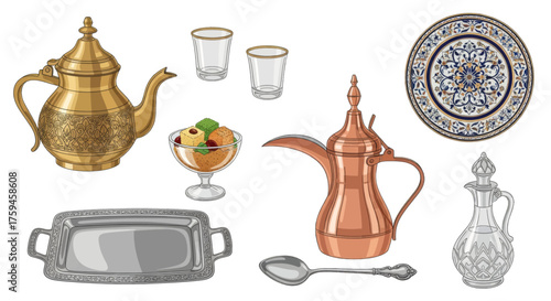 A collection of Middle Eastern hospitality items including teapots, cups, a dessert, and serving dishes