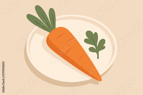 Minimal stylized flat vector ceramic carrot leaf plate illustration garnish beside