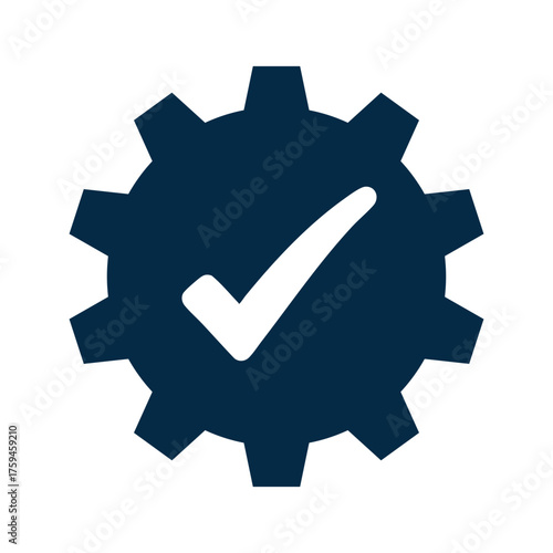 A dark blue cogwheel (gear) icon with a white checkmark (tick) in the center, isolated on a white background. This symbol signifies successful settings, process completion, quality assurance, system