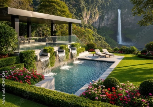 Fototapeta Naklejka Na Ścianę i Meble -  Luxurious modern villa with infinity pool and cascading waterfalls surrounded by lush gardens