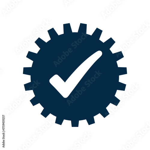 A dark blue cogwheel (gear) icon with a white checkmark (tick) in the center, isolated on a white background. This symbol signifies successful settings, process completion, quality assurance, system