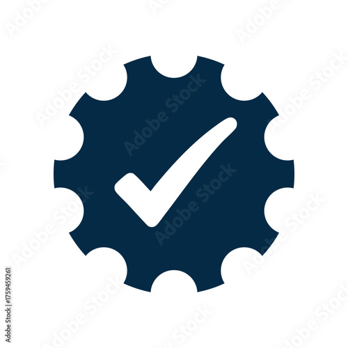 A dark blue cogwheel (gear) icon with a white checkmark (tick) in the center, isolated on a white background. This symbol signifies successful settings, process completion, quality assurance, system