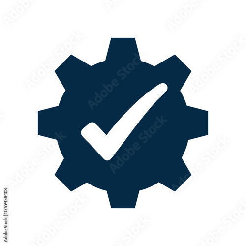 A dark blue cogwheel (gear) icon with a white checkmark (tick) in the center, isolated on a white background. This symbol signifies successful settings, process completion, quality assurance, system