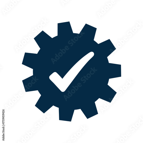 A dark blue cogwheel (gear) icon with a white checkmark (tick) in the center, isolated on a white background. This symbol signifies successful settings, process completion, quality assurance, system