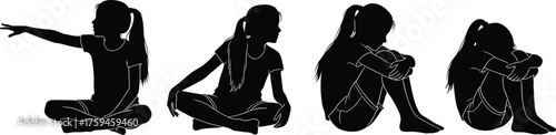 Girl sitting silhouette, multiple poses, child vector design, emotional posture, casual sitting girl, cad drawing flat vector illustration, children sitting vector art, young girl silhouette drawing