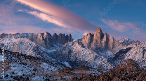 Majestic Mt Whitney: A Dramatic Peak Touching the Dawn Sky with Jagged Rocks and Soft Snow