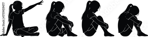 Sad girl sitting silhouette in different poses, emotional child body language concept, black vector illustration, cad drawing flat vector illustration