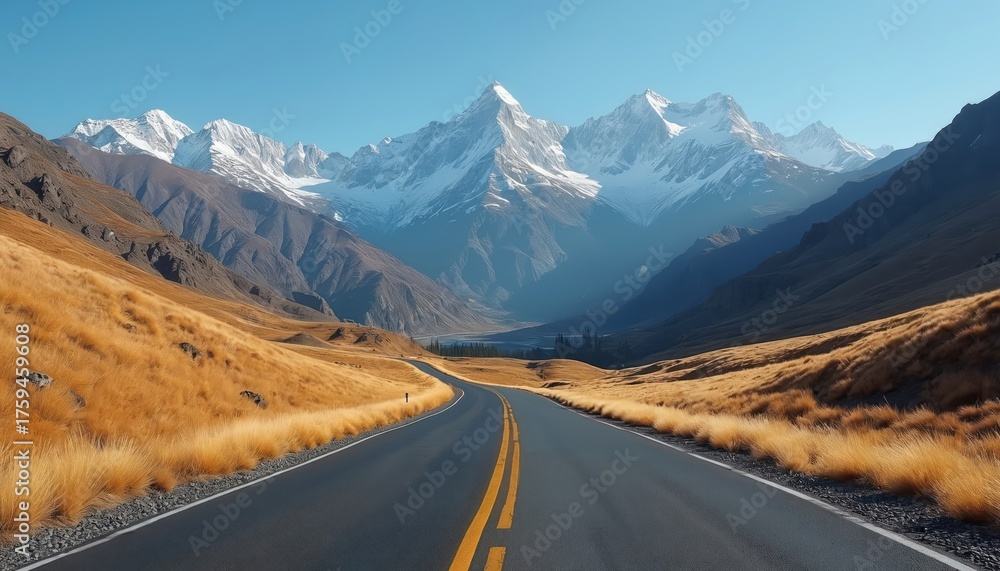 Fototapeta premium Winding highway runs through golden grassy mountains with snow peaks on horizon. Empty road in mountains offers travel to picturesque destination. Trip in nature offers freedom, joy. Scenic landscape