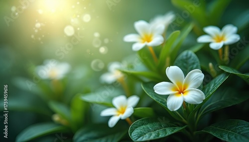 White flowers with yellow centers surrounded by green leaves. Delicate petals, foliage create serene atmosphere. Soft focus background with bokeh, sun rays. Natural, peaceful ambiance. Beautiful