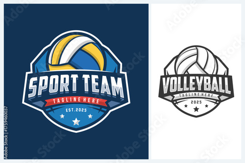 Volleyball logo badge design vector, volleyball team emblem logo design vector illustration template, volleyball tournament logo concepts with ball and stars